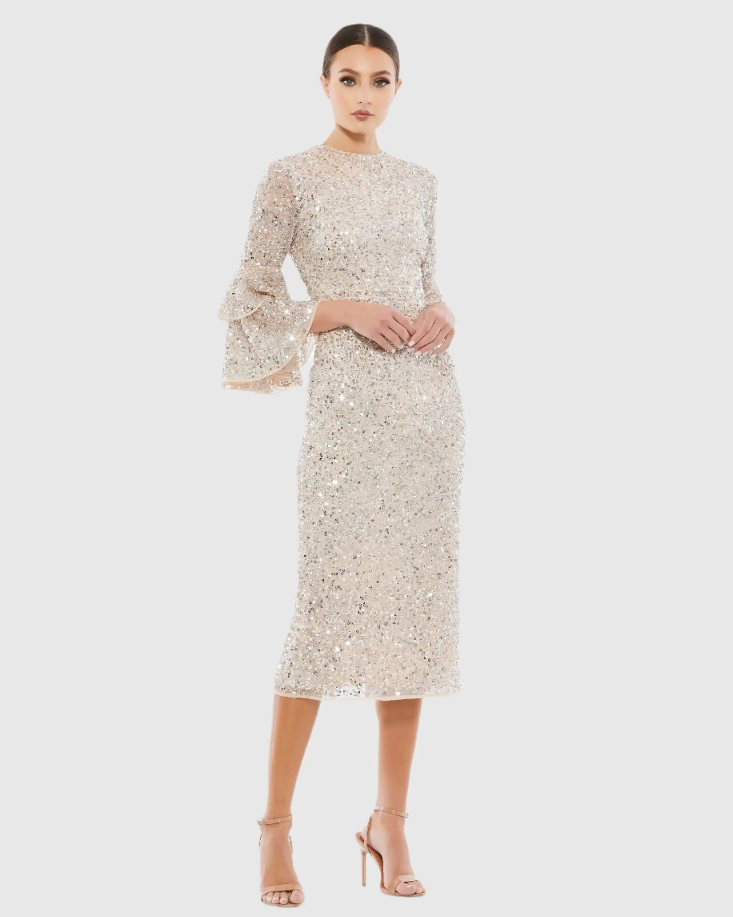 Fully Sequined Ruffle Tiered 3/4 Sleeve Midi Dress