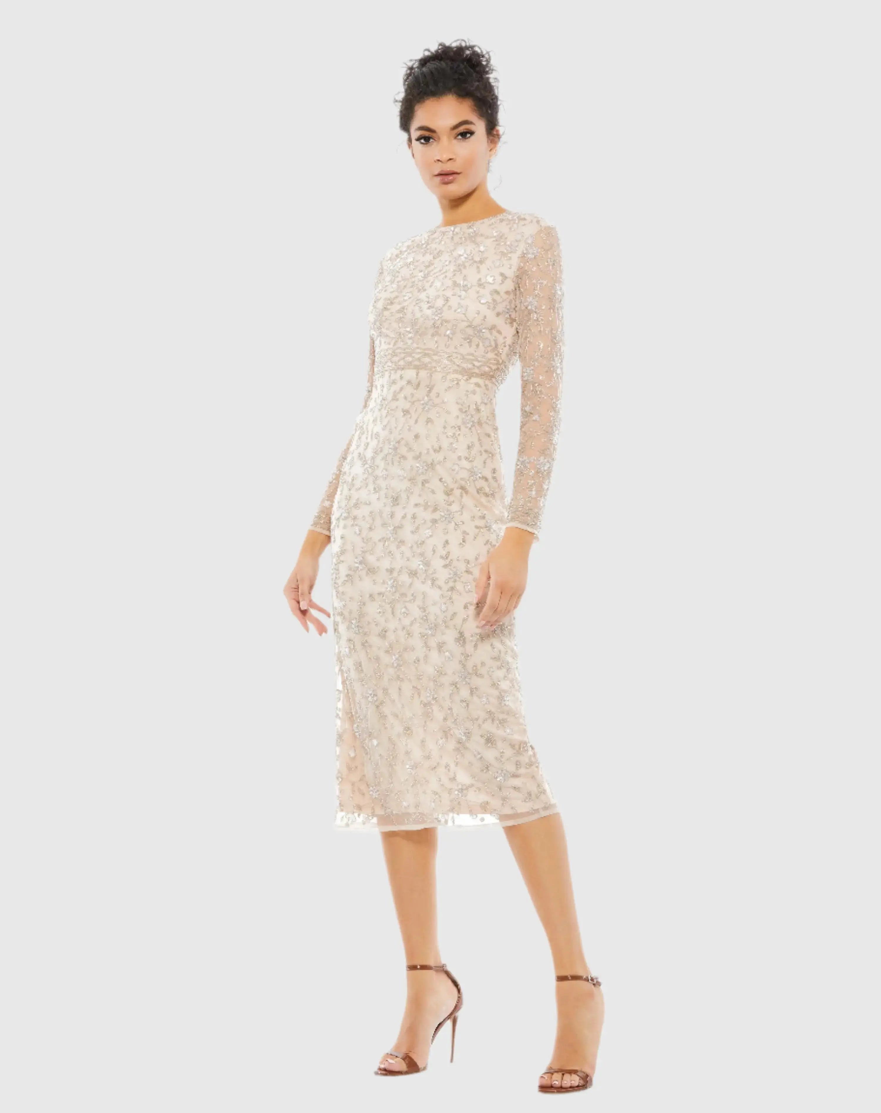 Beige Beaded Tea Length Dress w/ Sheer Sleeves