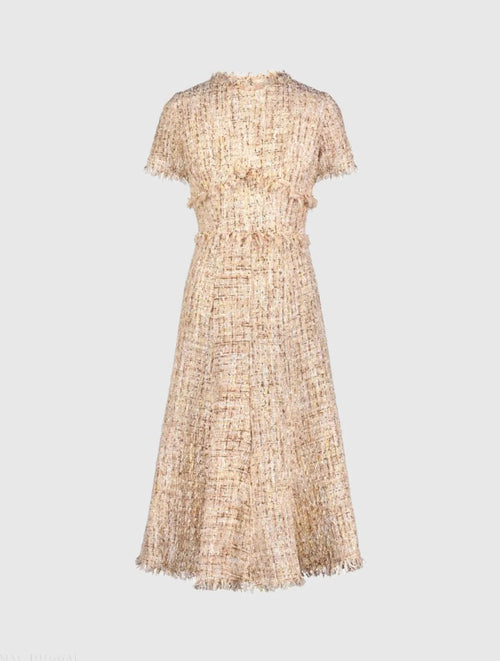 Beige Boucle Short Sleeve A Line Midi Dress