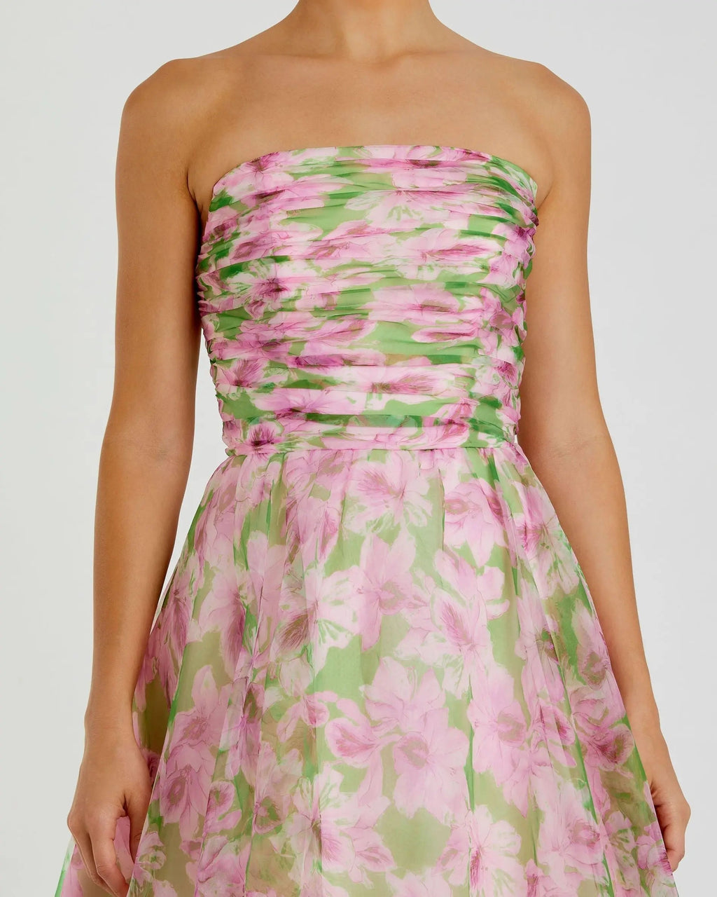 Pink Strapless Chiffon Gown With Ruched Detail