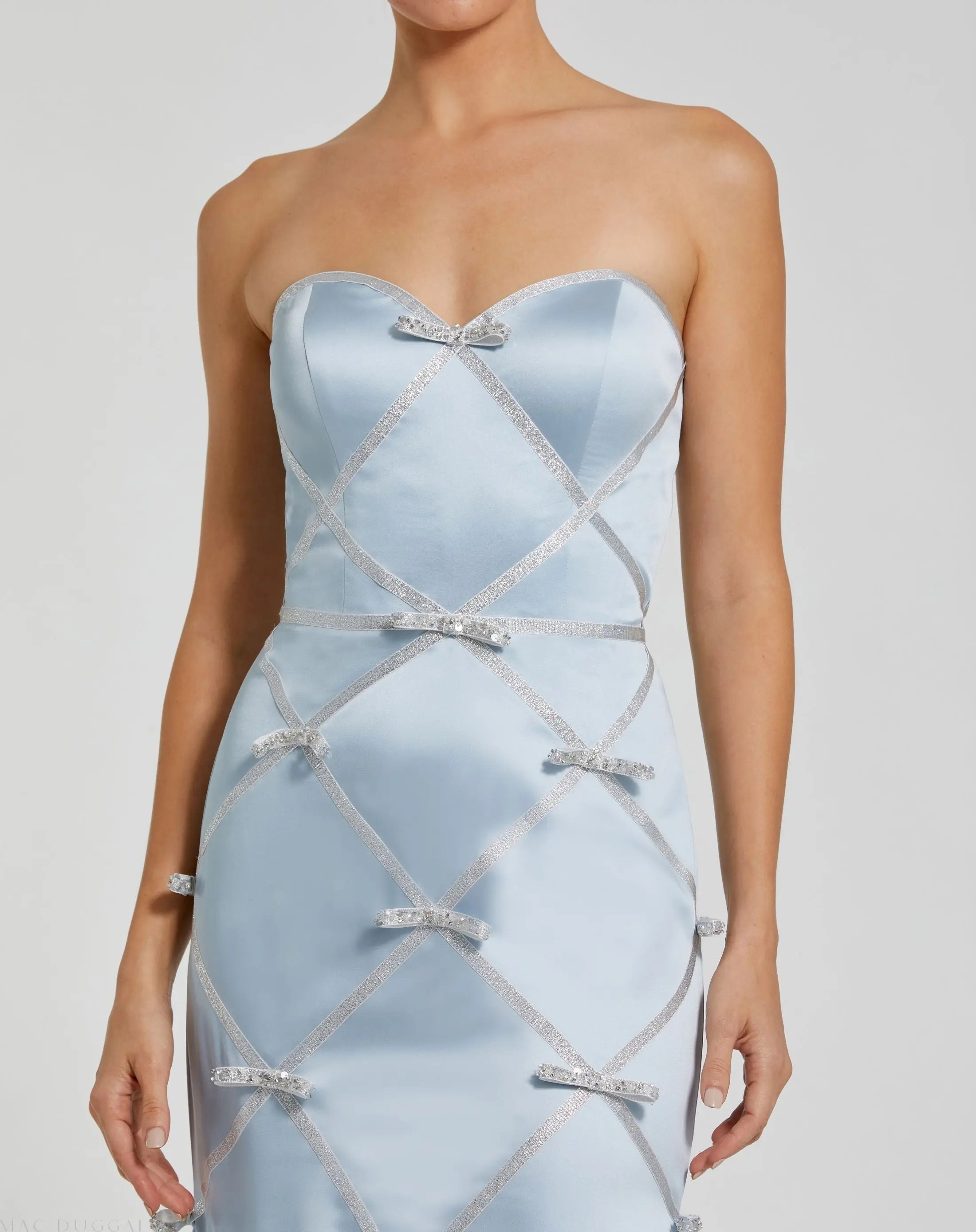 Blue Strapless Satin Trumpet Dress With Bow Details