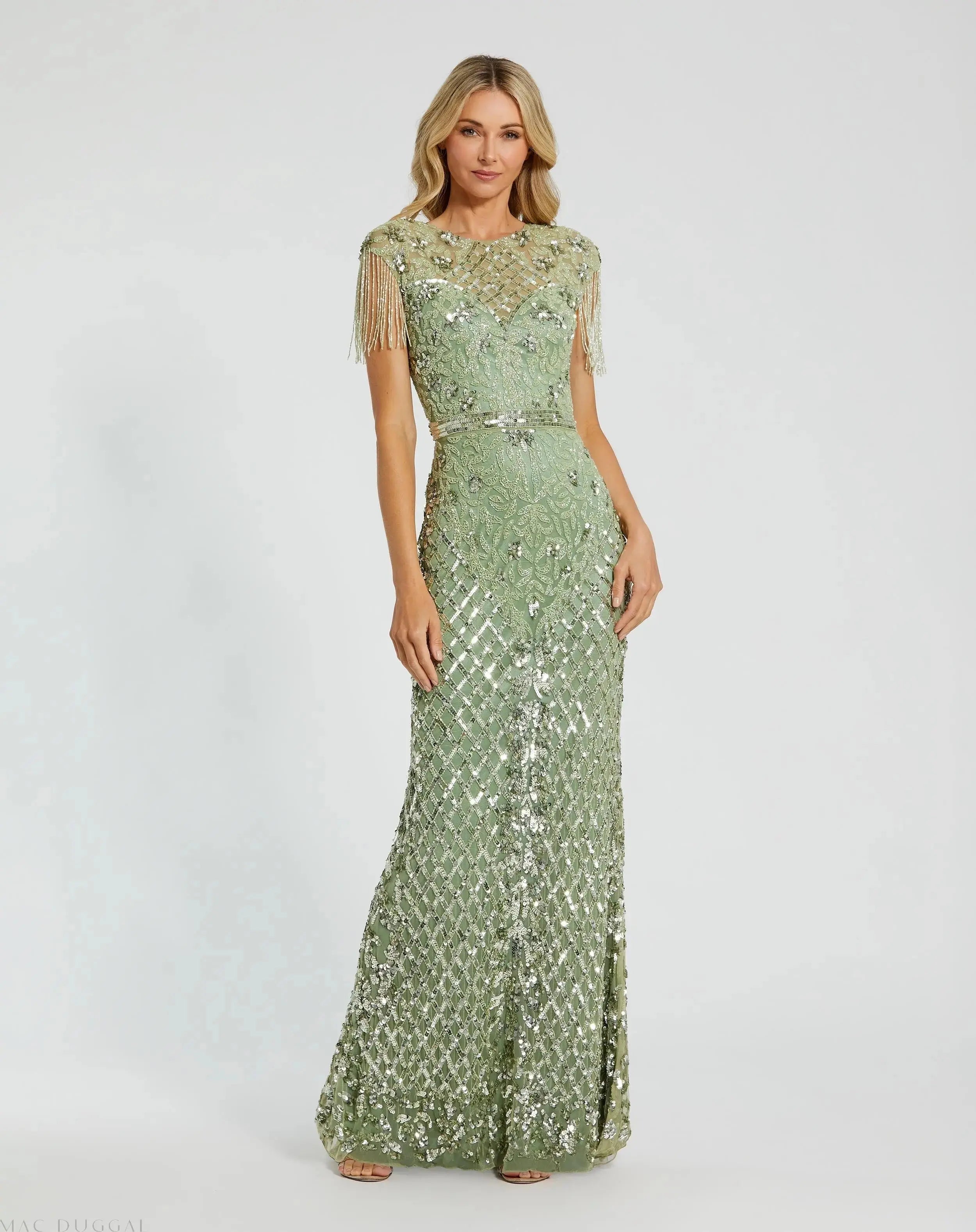 High Neck Sleeveless Beaded Fringe Fitted Gown