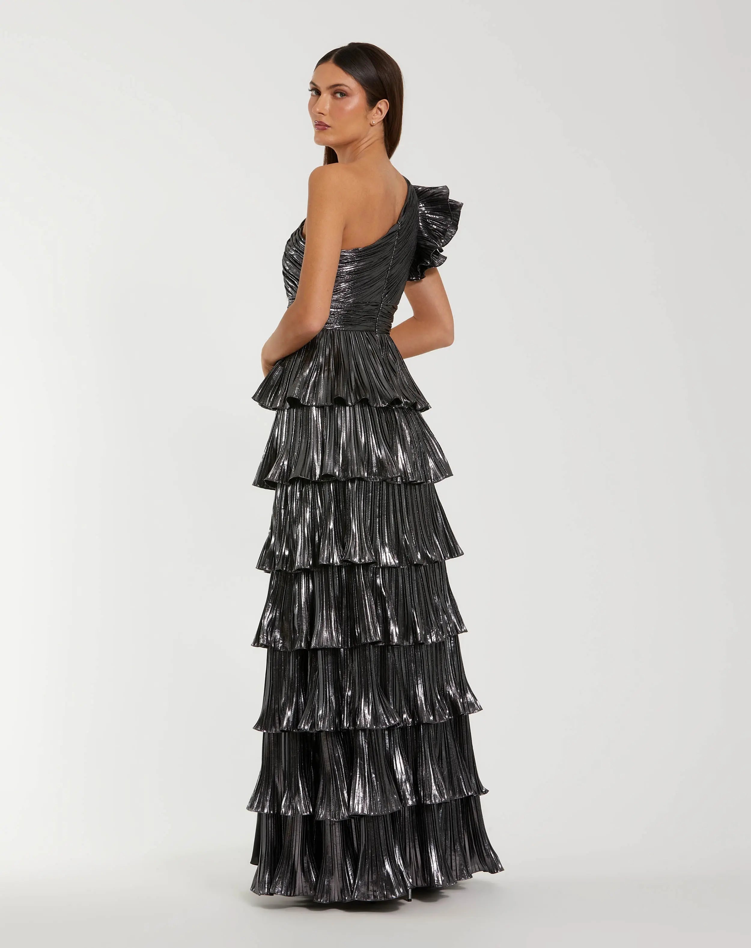 ruffle tiered metallic ruched shoulder dress One Shoulder Metallic Ruched Midi Gown - SMALL / YELLOW