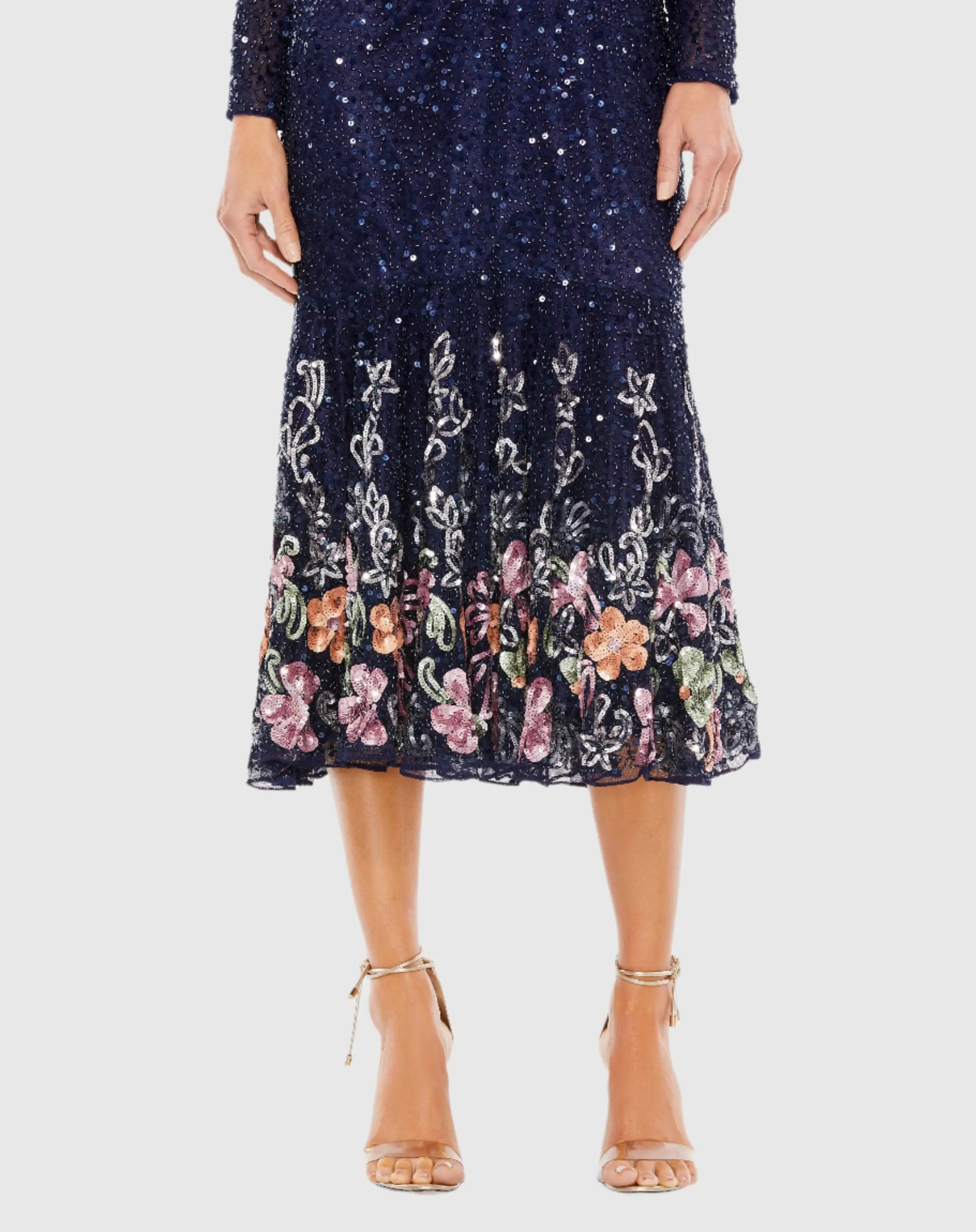 Navy Long Sleeve Faux Wrap Embellished Tea Length Dress