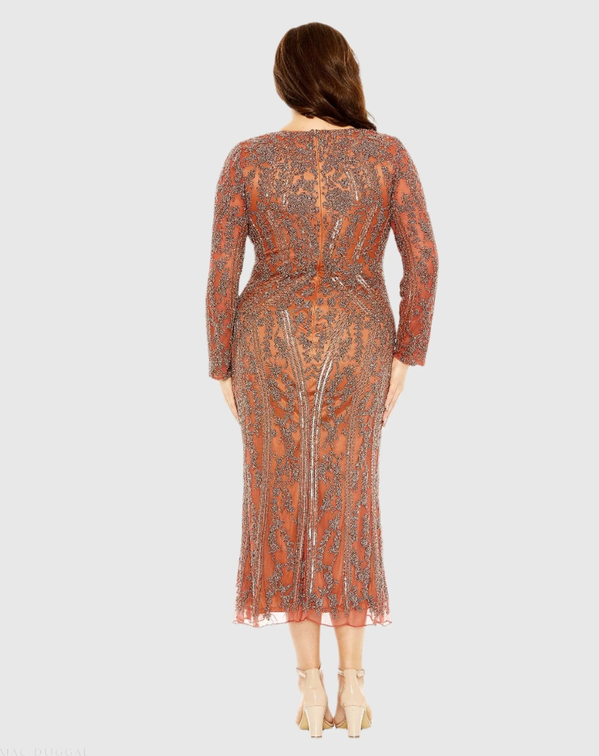 Orange Long Sleeve Embellished Dress (Plus)