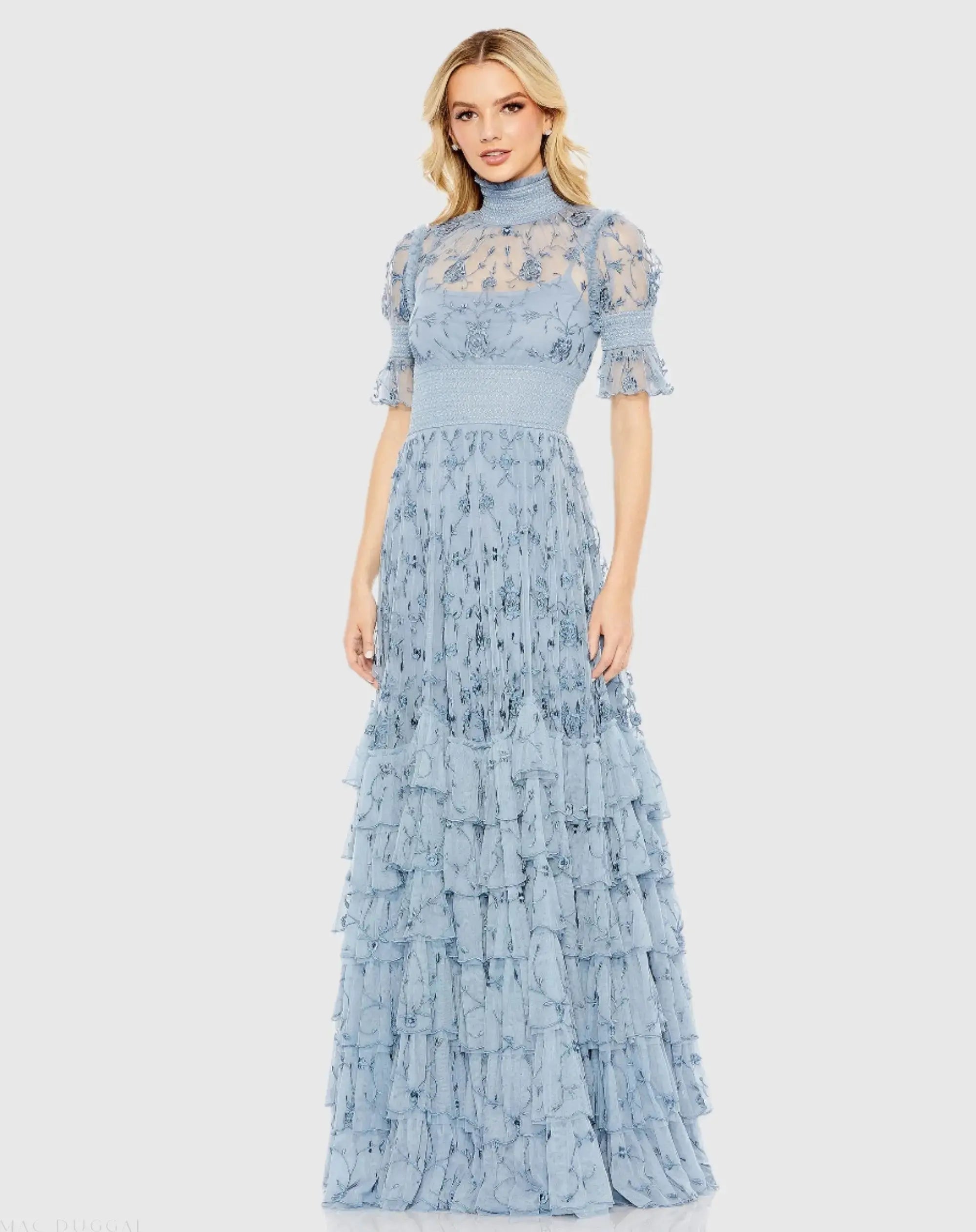 Embroidered Floral Tiered Smock Neck Gown