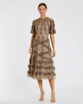 Beige Illusion Floral Midi Dress with Ruffle Detailing