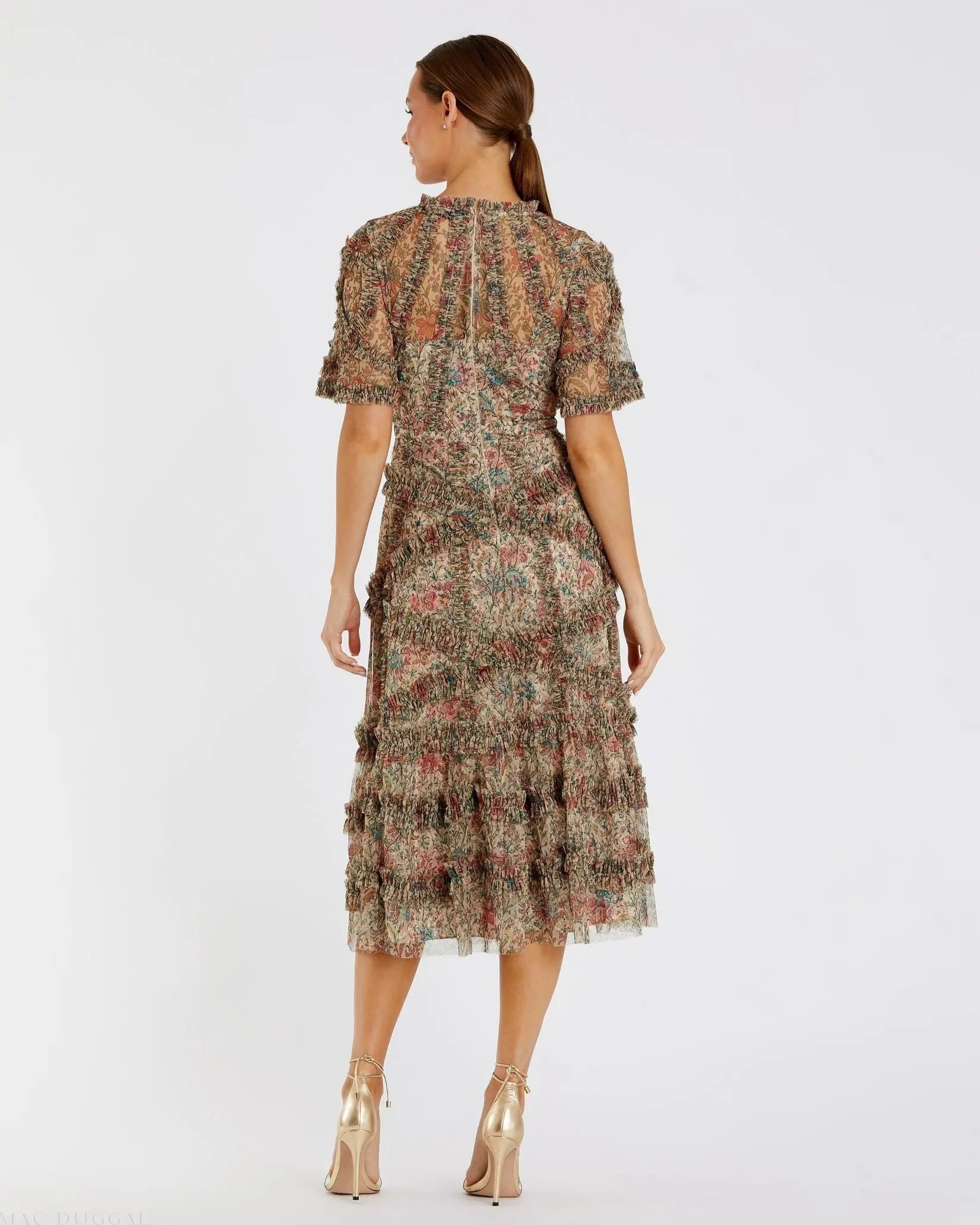 Beige Illusion Floral Midi Dress with Ruffle Detailing