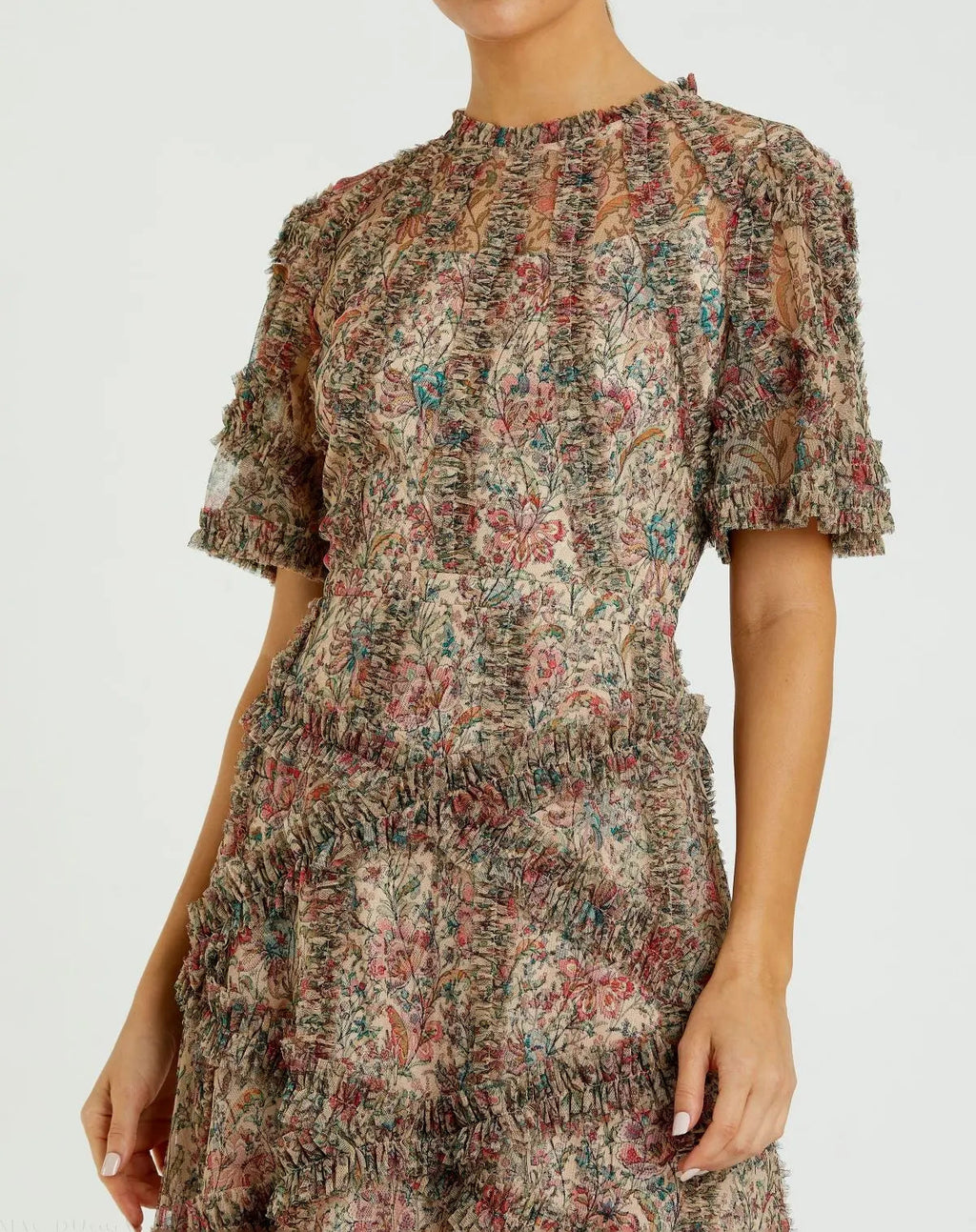 Beige Illusion Floral Midi Dress with Ruffle Detailing