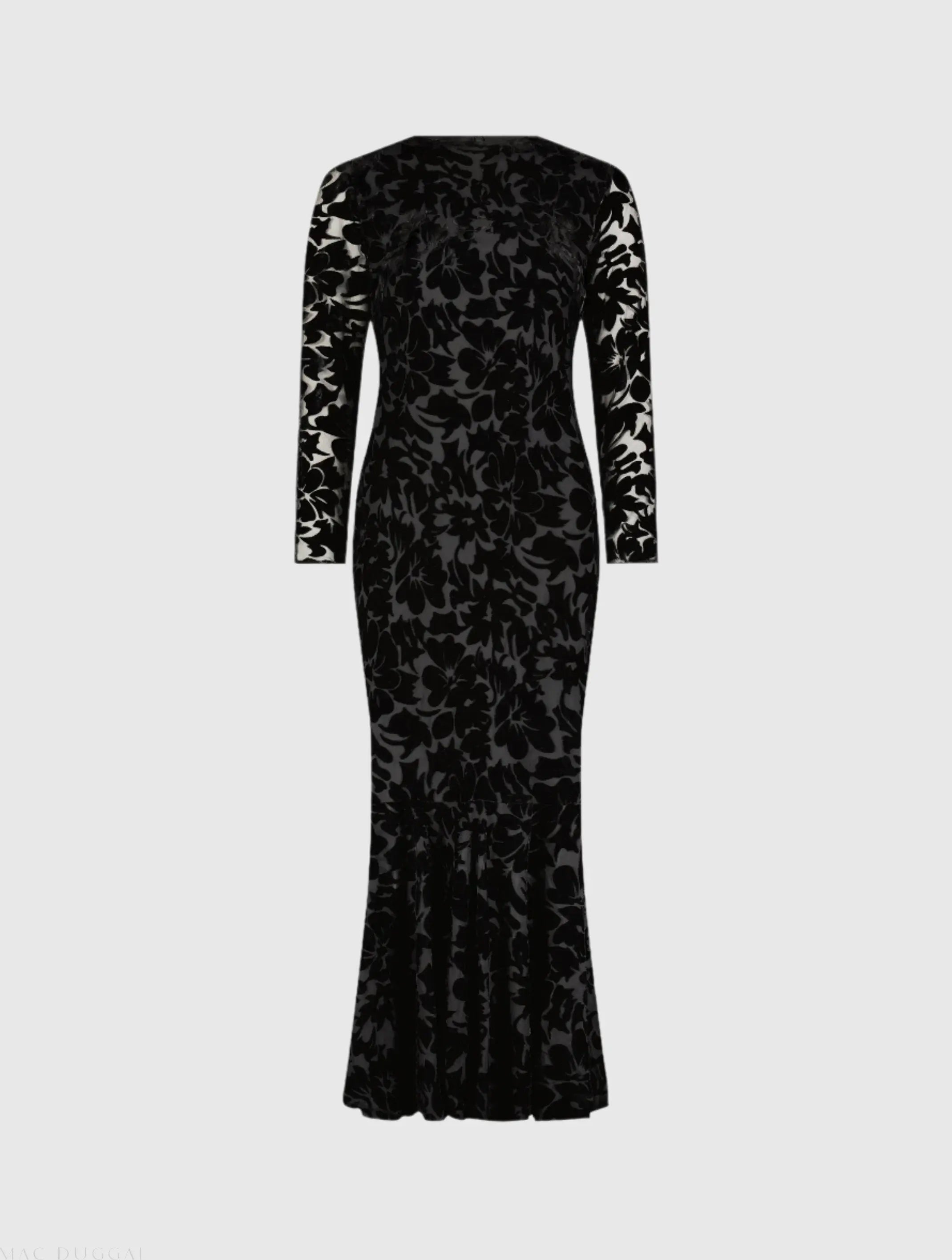Black Burnout Velvet Long Sleeve Ruffle Hem Midi Dress