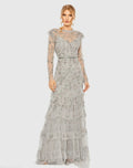 Silver High Neck Flutter Cap Long Sleeve Tiered Embellished Gown