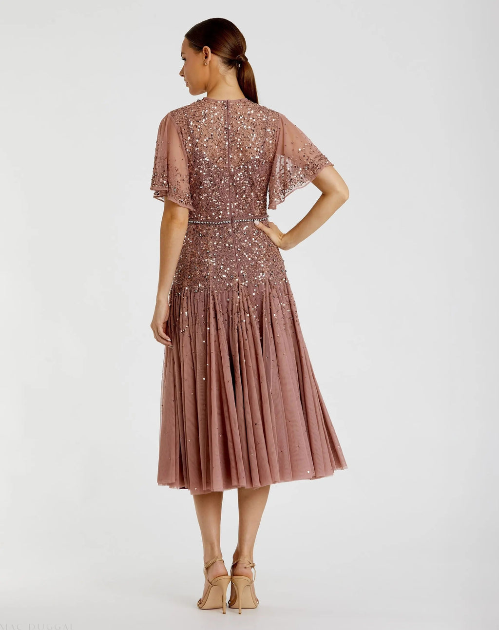 Pink Cape Sleeve Beaded Tea Length Drop Waist Dress