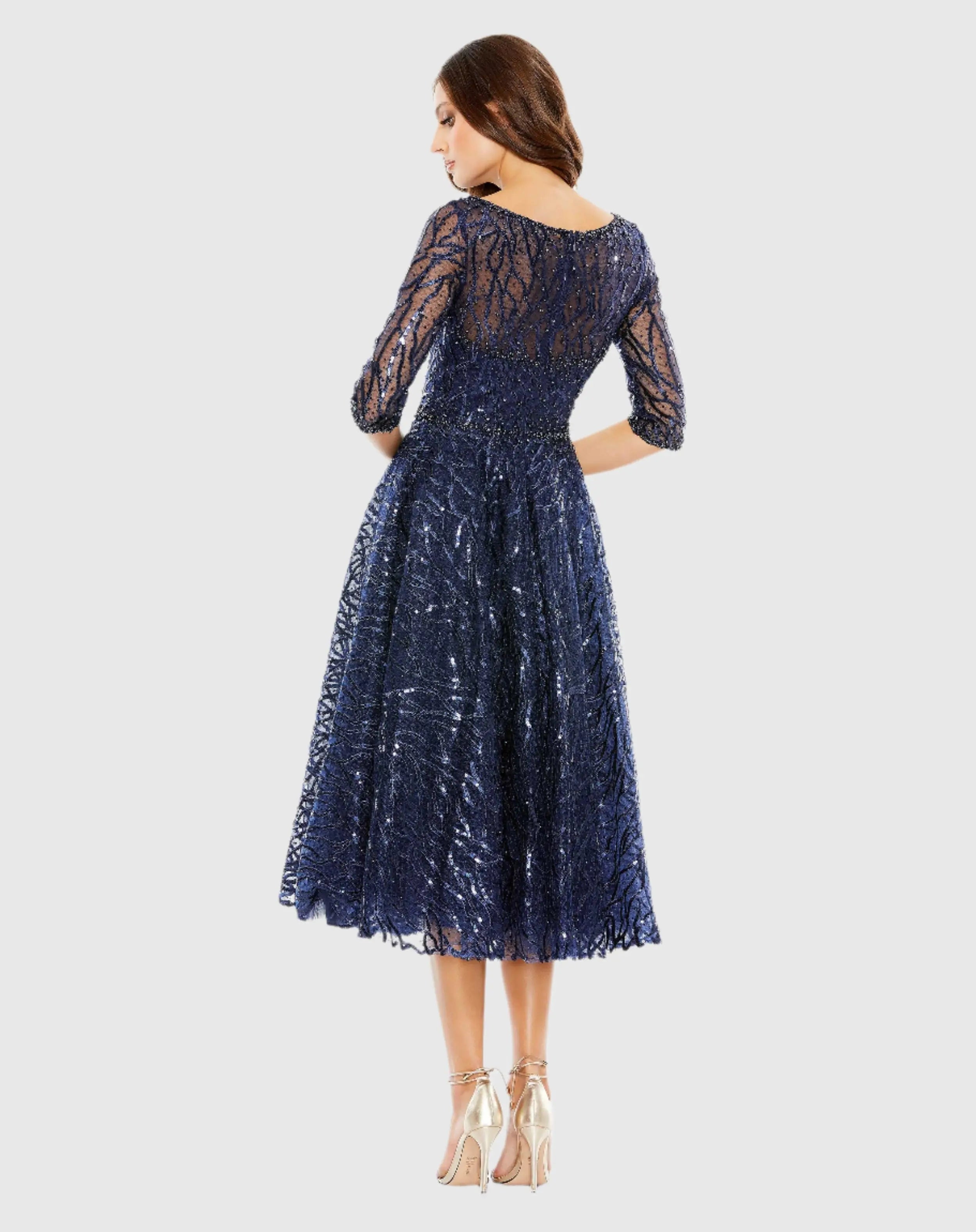 Navy Embellished 3/4 Sleeve A Line Dress