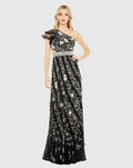 Multicolor Embroidered Ruffled One Shoulder Lace Up Gown