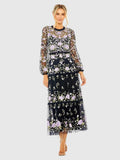 Navy Embroidered Puff Sleeve Tiered Dress