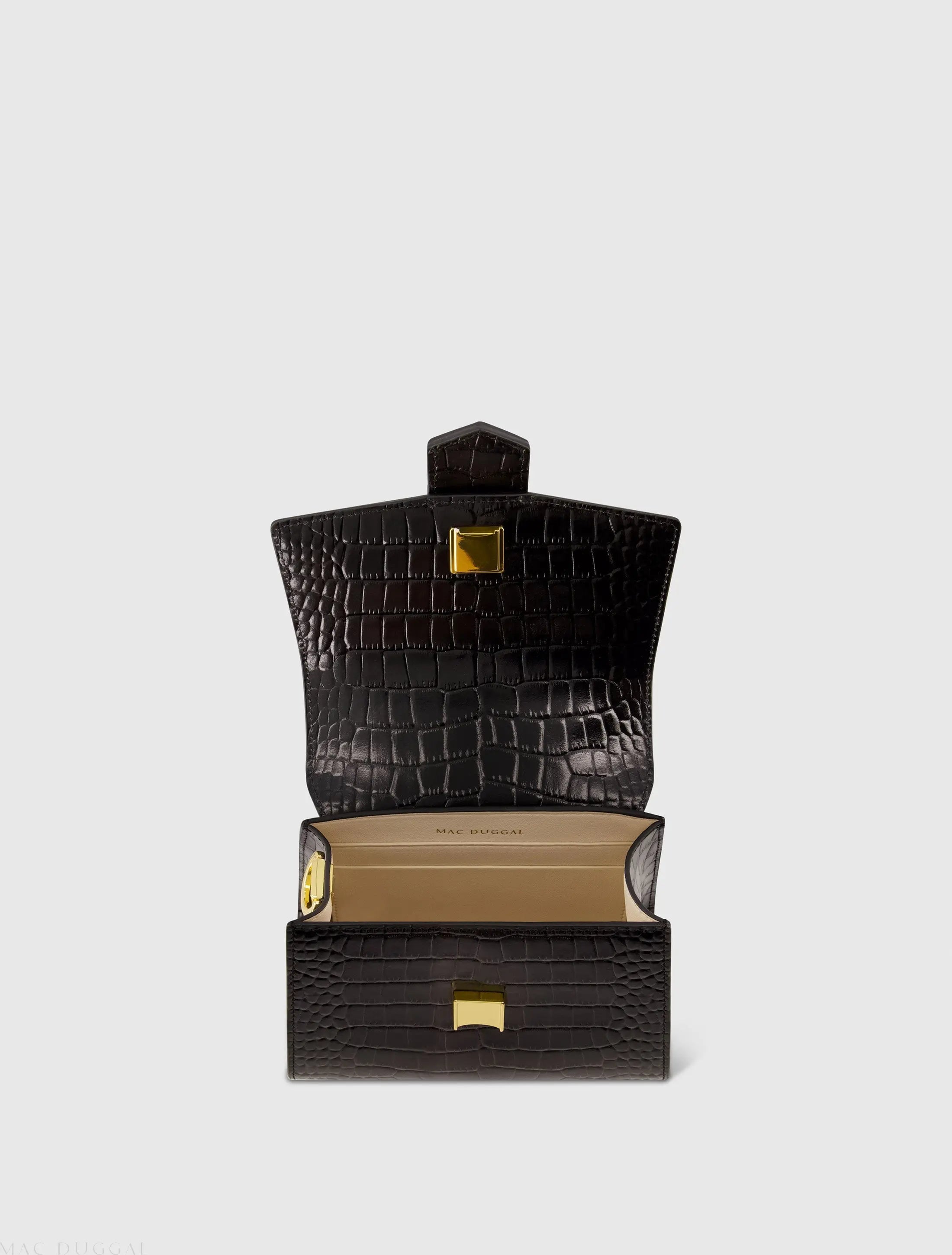 Black Buckled Mini Croco Leather Handbag with Detachable Strap
