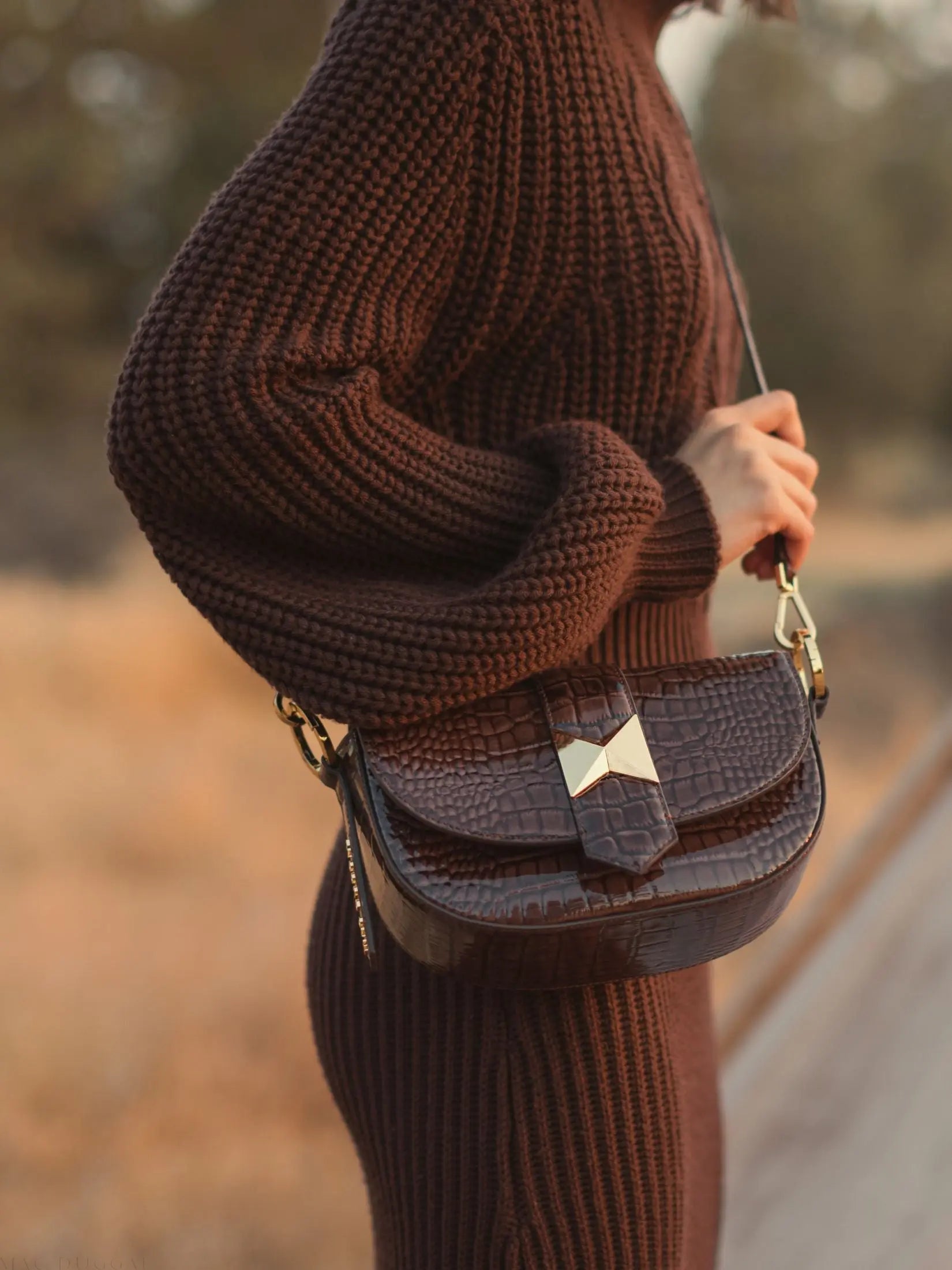 Brown Crocodile Leather Saddle Bag With Gold Hardware