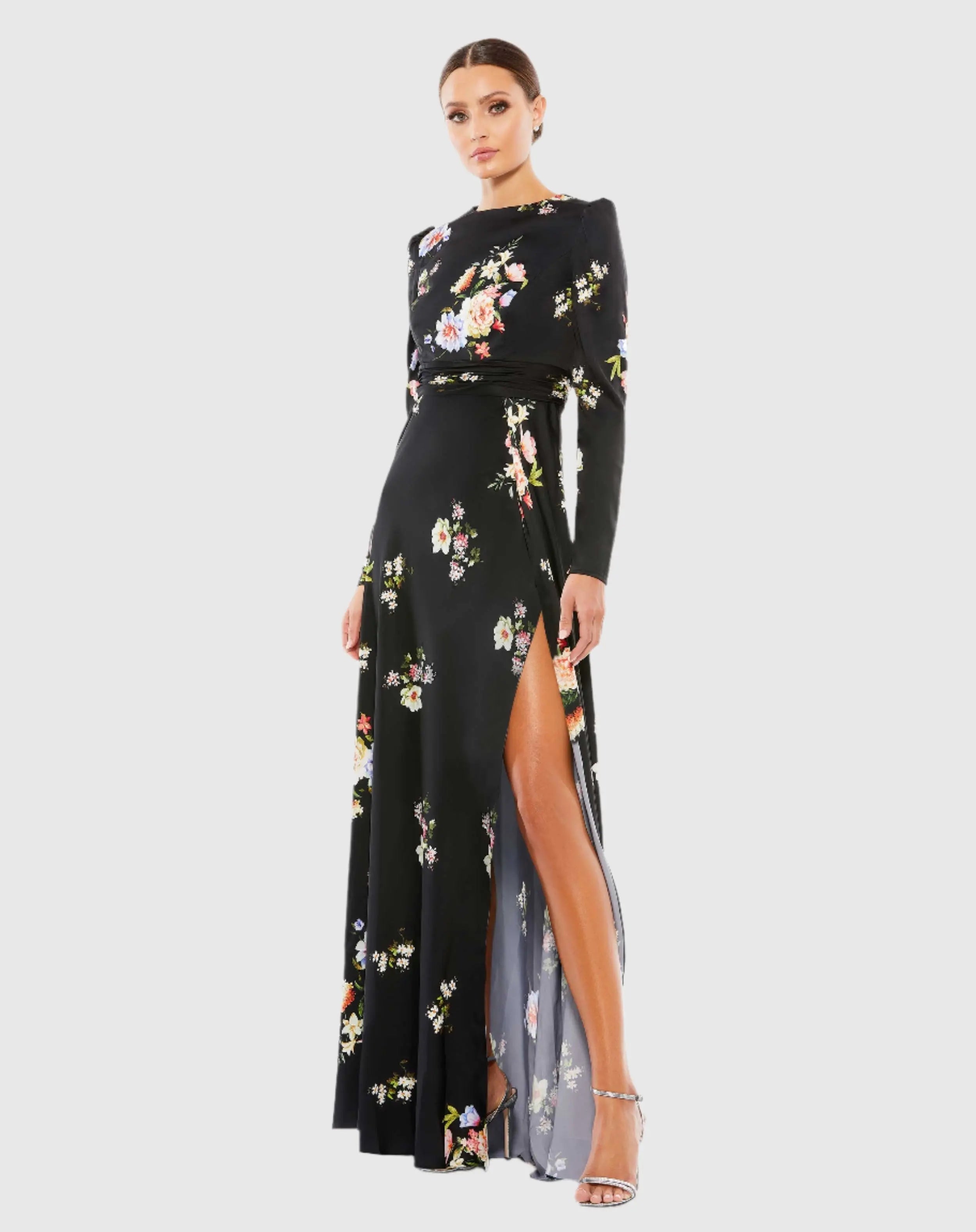 Black High Neck Long Sleeve Faux Wrap Gown