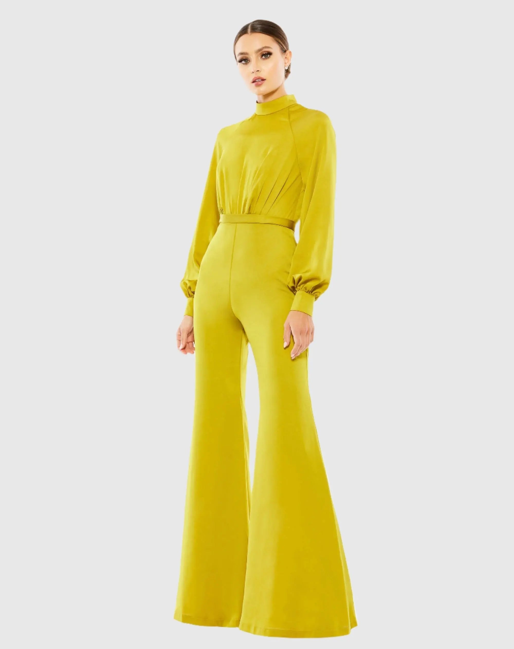 Green Satin Raglan Long Sleeve High Neck Jumpsuit